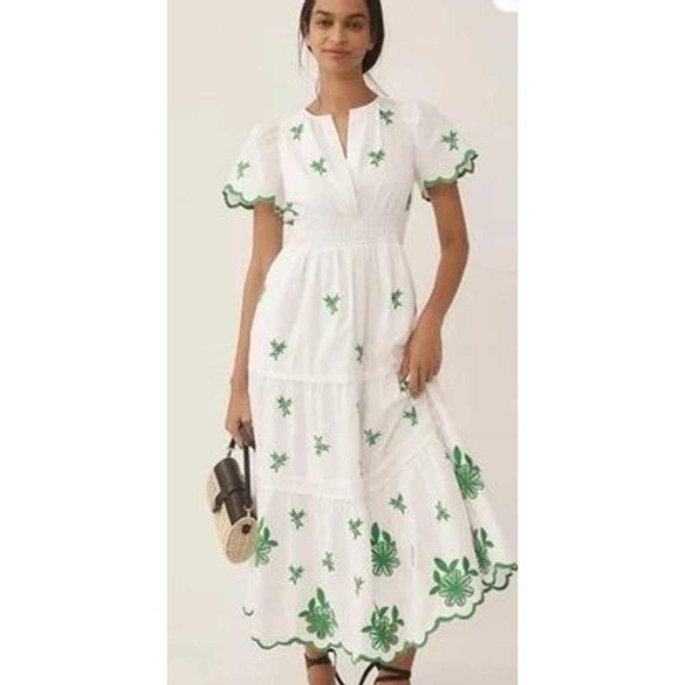 Anthropologie Somerset  Maxi Dress Size S Floral Embroidered Smocked Tiered